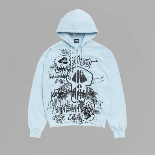 HOODIE STUSSY SKULLS ZIP PIGMENT DYED - SKY BLUE