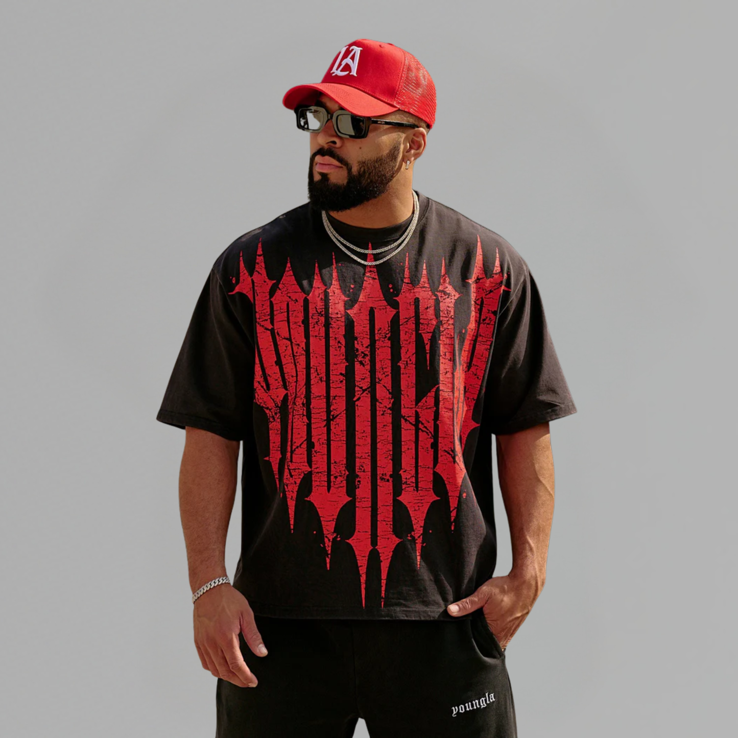 T SHIRT YOUNGLA 'REVENGE TEE BLACK RED WASH'